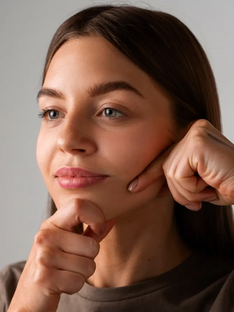 Portrait of young woman practicing facial yoga for youth